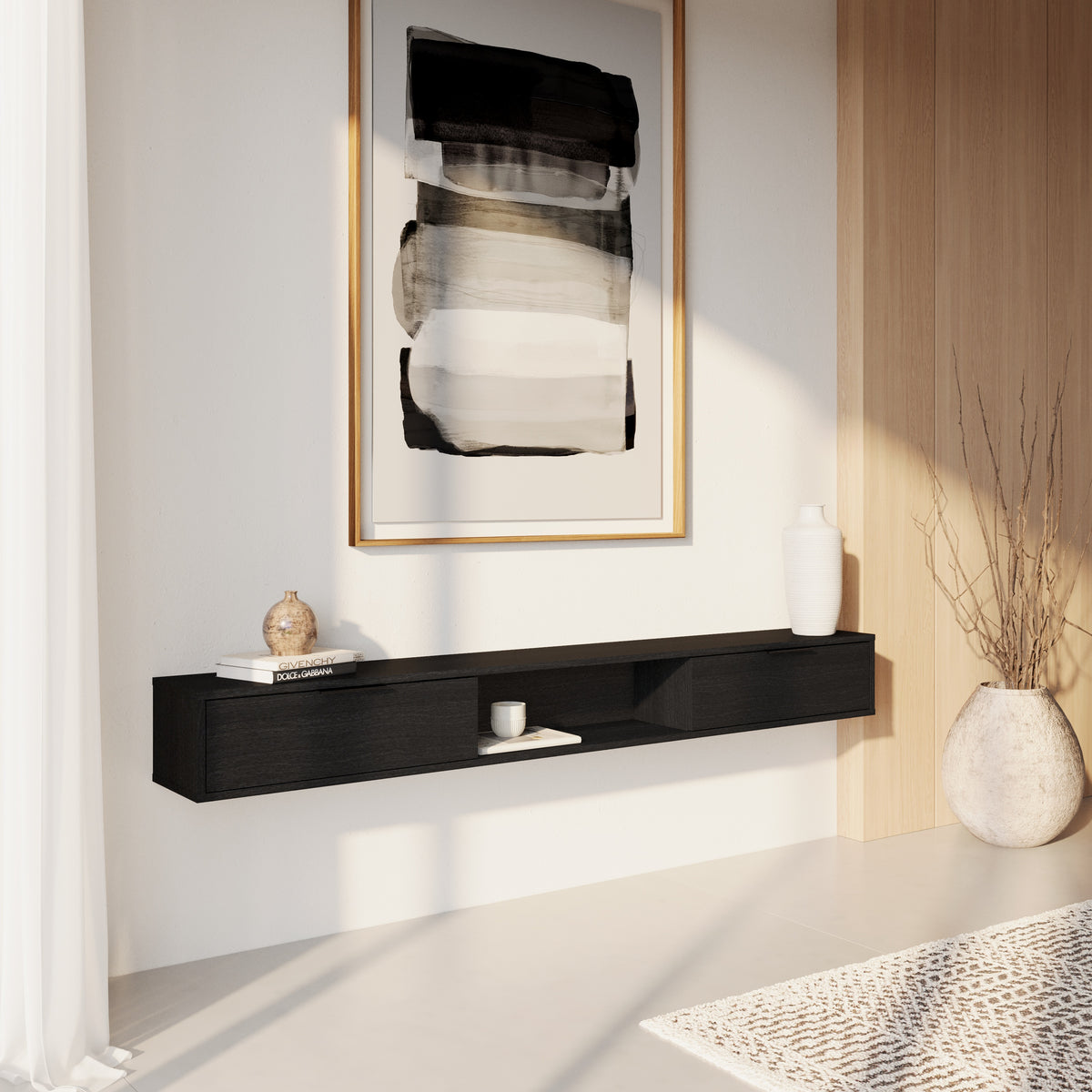 Slim 72” Wall-mounted TV Stand with 2 Storage Cabinets in Black – lifestyle photo 3