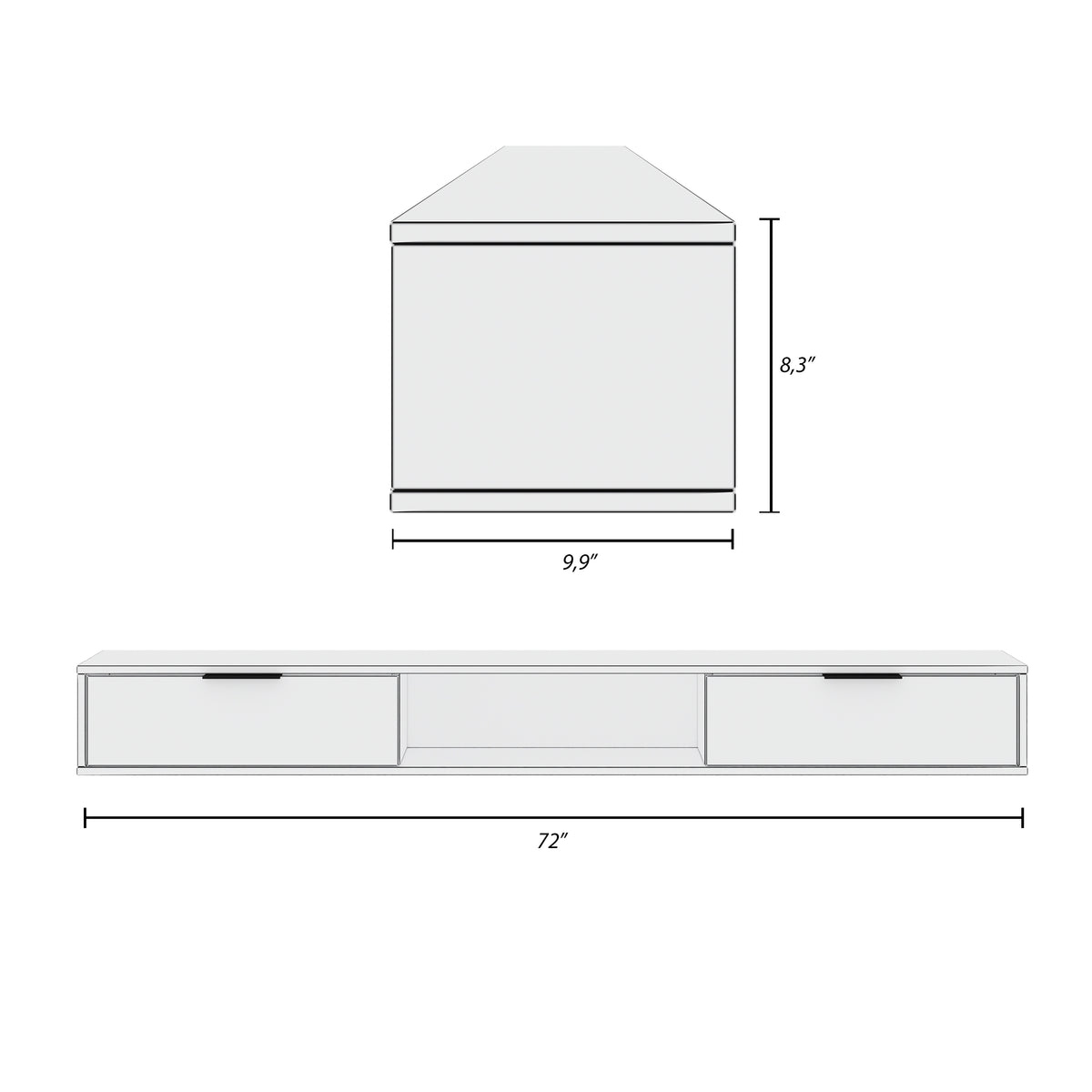 Slim 72” Wall-mounted TV Stand with 2 Storage Cabinets in Light Walnut – dimensions diagram