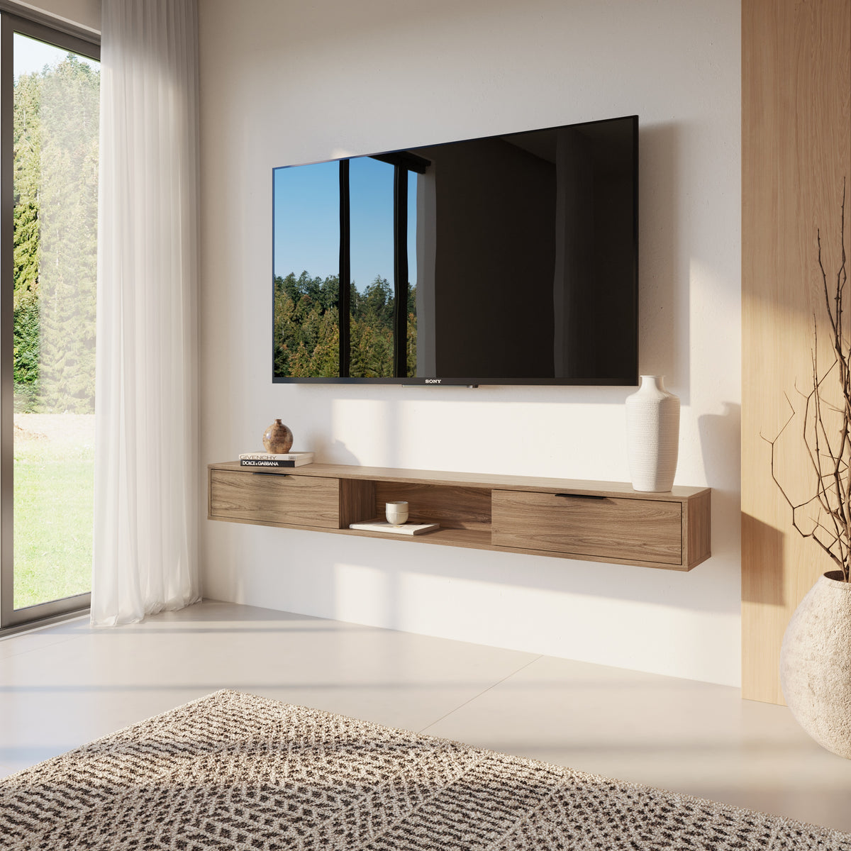 Slim 72” Wall-mounted TV Stand with 2 Storage Cabinets in Light Walnut – lifestyle photo 2