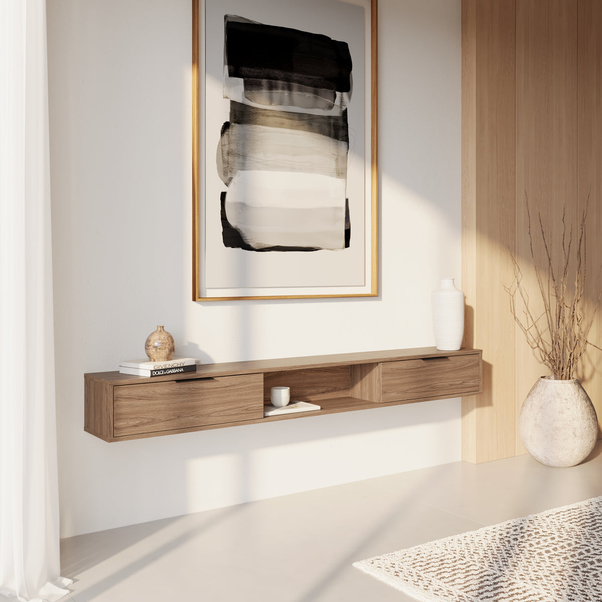 Slim 72” Wall-mounted TV Stand with 2 Storage Cabinets in Light Walnut – lifestyle photo 3