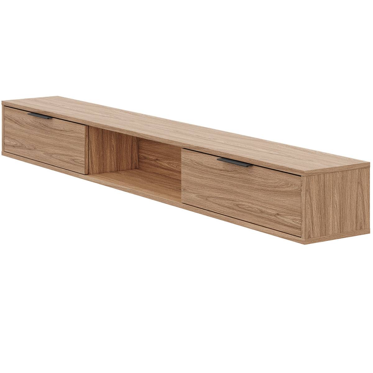 Slim 72” Wall-mounted TV Stand with 2 Storage Cabinets in Light Walnut – product photo 2