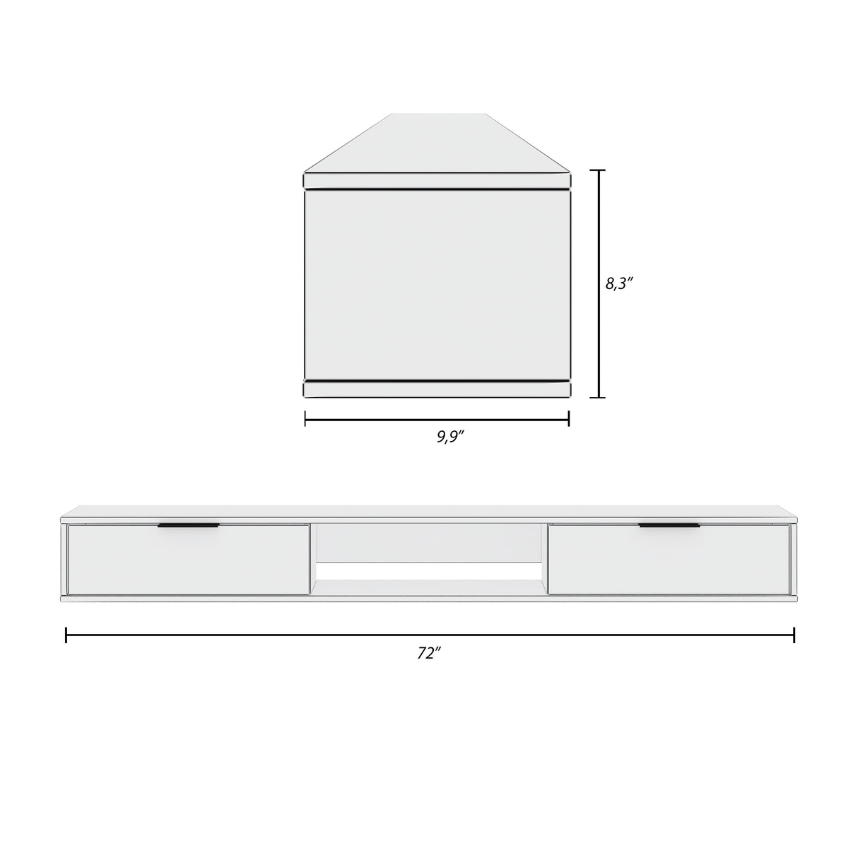 Slim 72” Wall-mounted TV Stand with 2 Storage Cabinets in Natural Blonde Oak – dimensions diagram