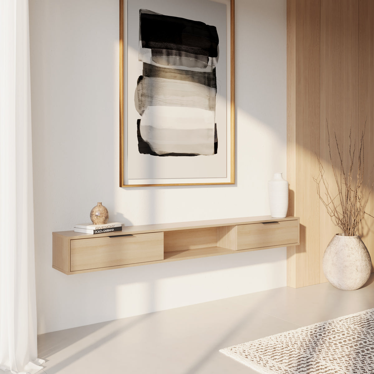 Slim 72” Wall-mounted TV Stand with 2 Storage Cabinets in Natural Blonde Oak – lifestyle photo 3