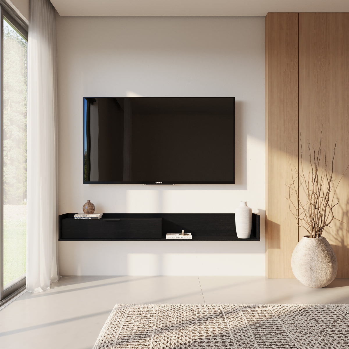 Slim 72” Wall-mounted TV Stand with Storage Cabinet in Black – lifestyle photo