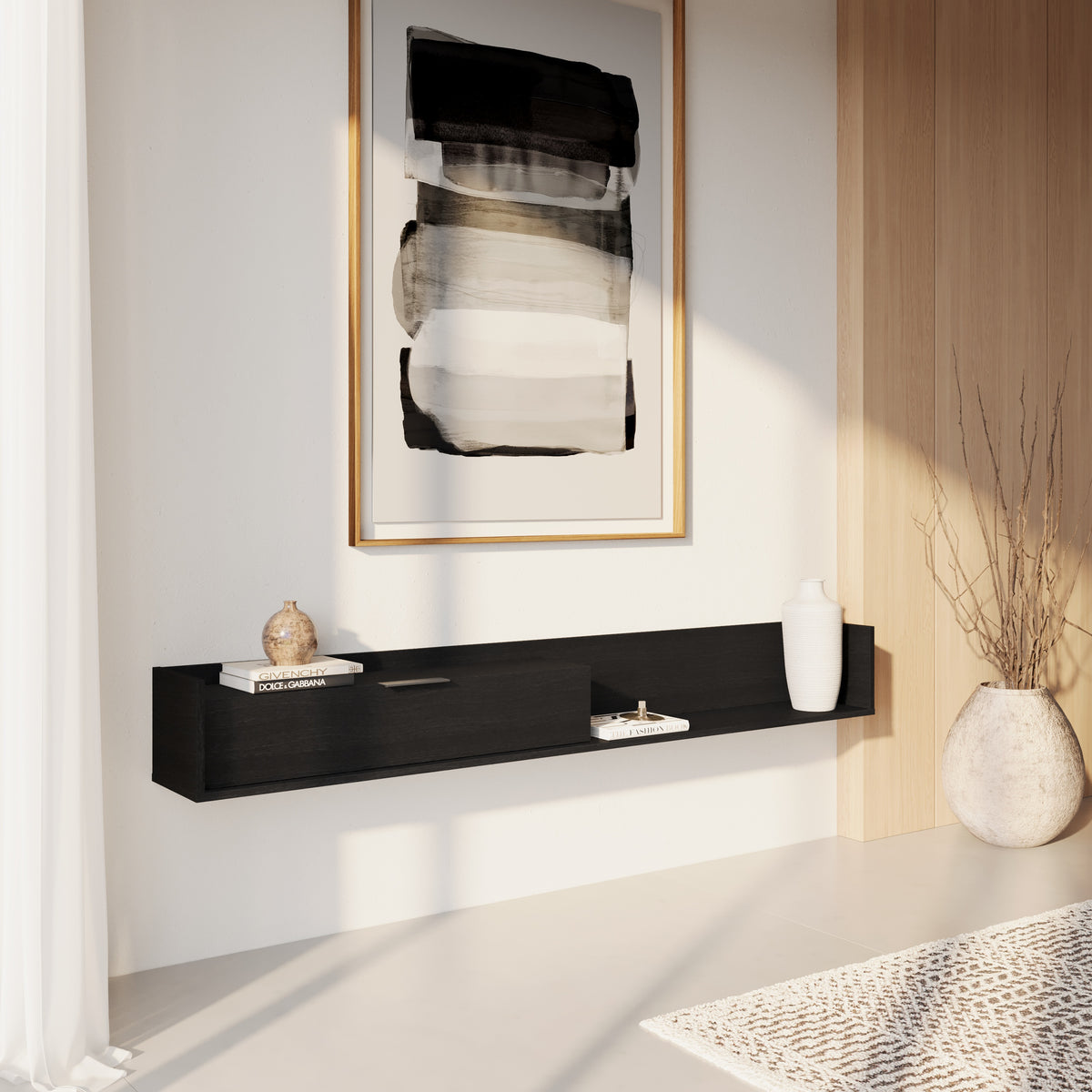 Slim 72” Wall-mounted TV Stand with Storage Cabinet in Black – lifestyle photo 3