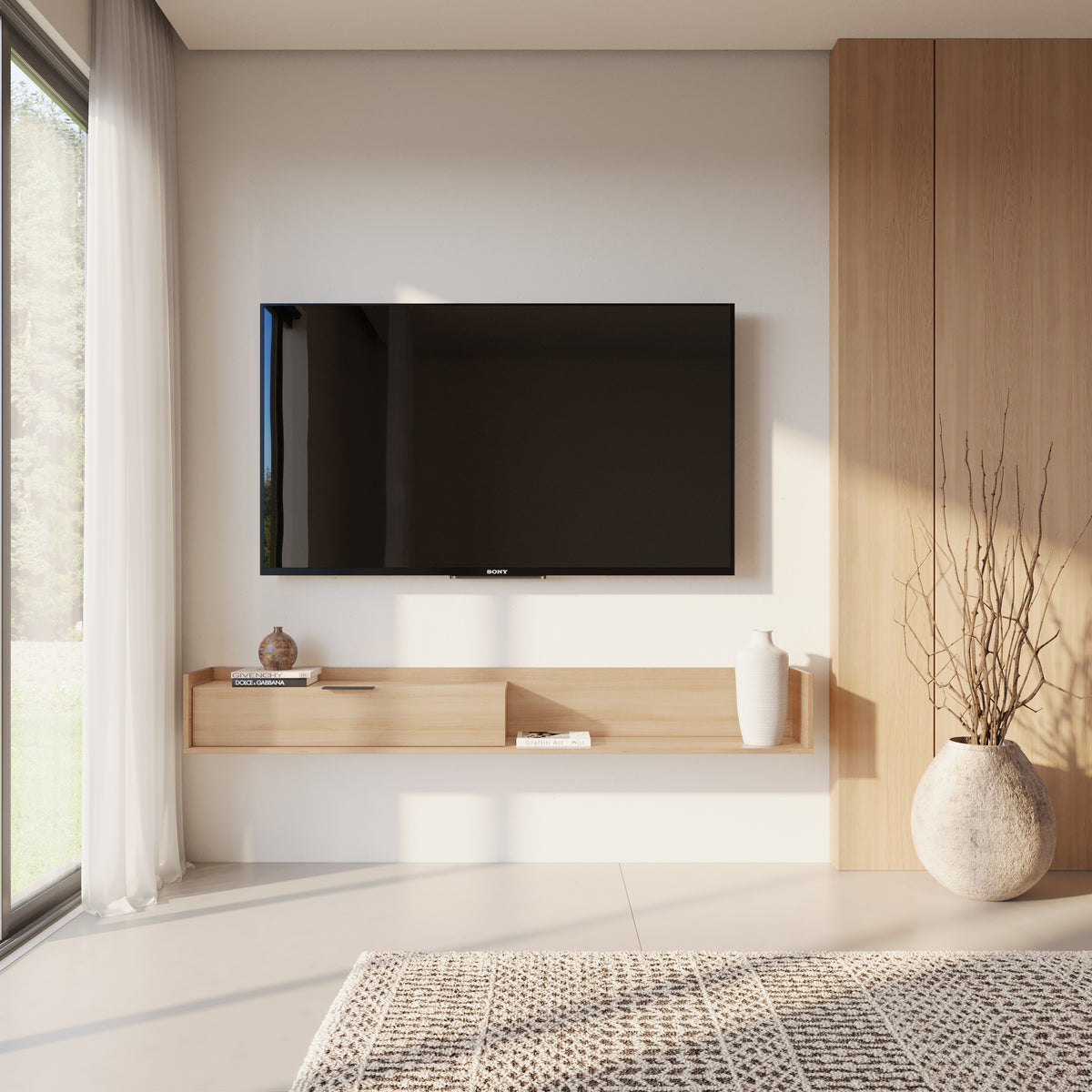 Slim 72” Wall-mounted TV Stand with Storage Cabinet in Natural Blonde Oak – lifestyle photo