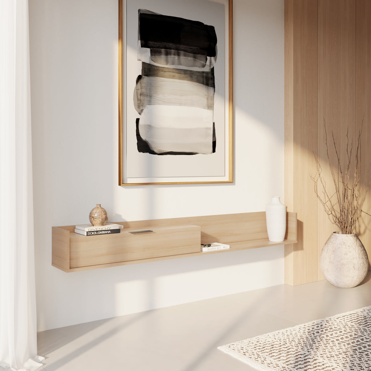 Slim 72” Wall-mounted TV Stand with Storage Cabinet in Natural Blonde Oak – lifestyle photo 2