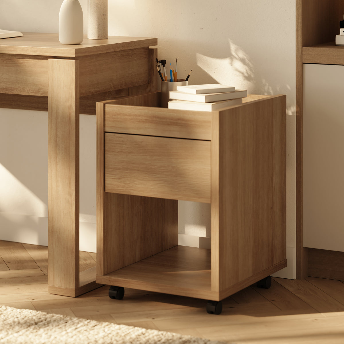 Solen Mobile File Cabinet in Brown Oak – lifestyle photo 2