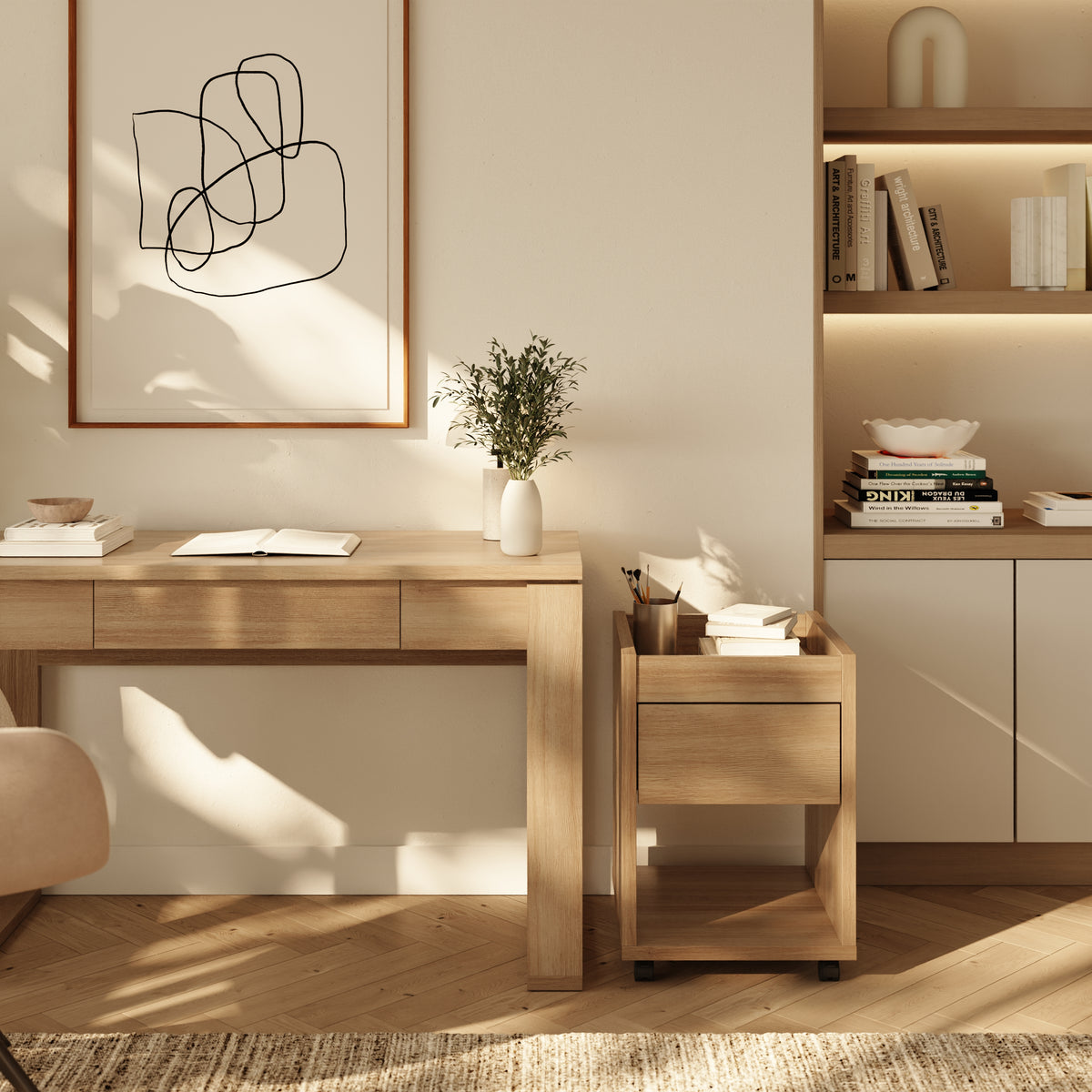 Solen Mobile File Cabinet in Brown Oak – lifestyle photo