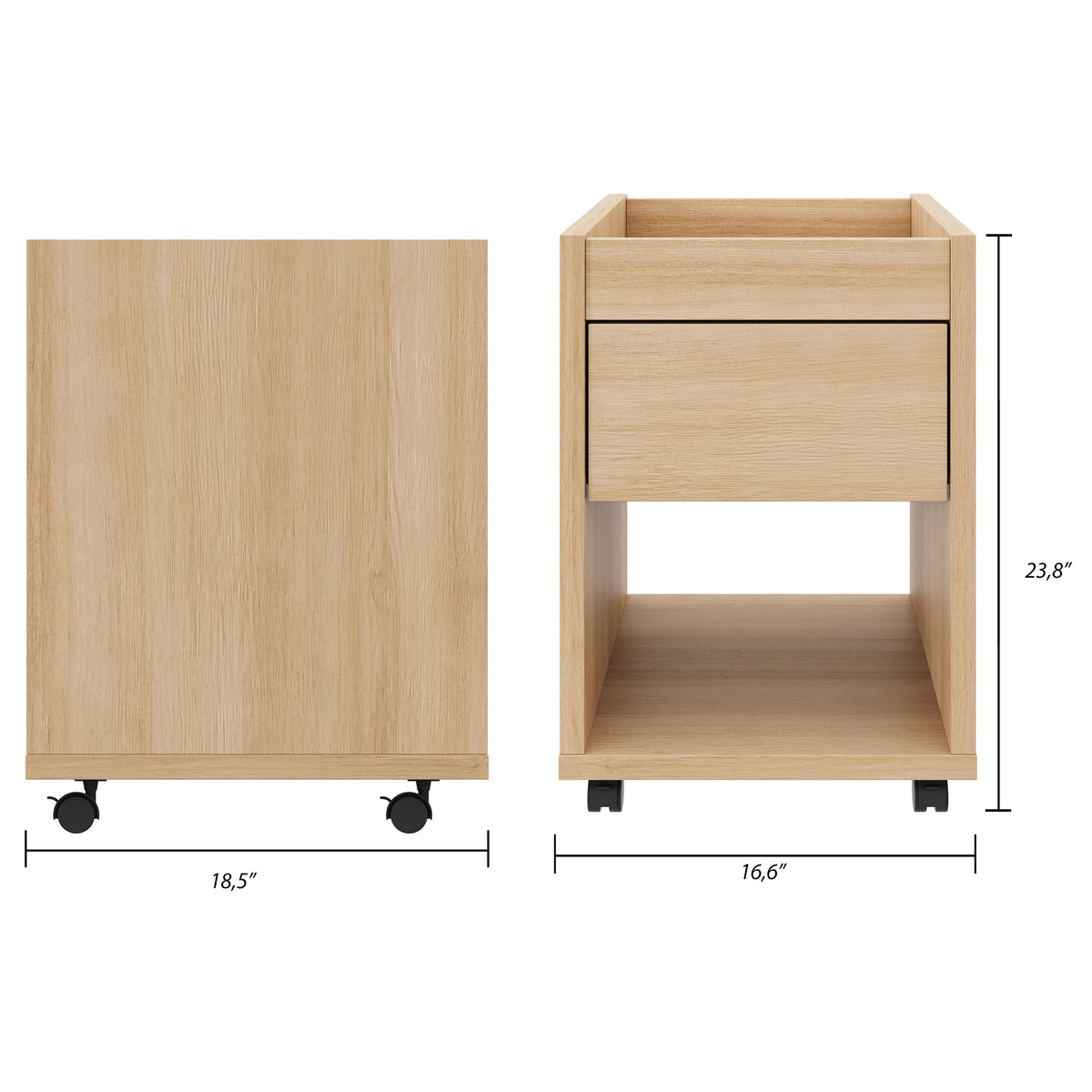 Solen Mobile File Cabinet in Natural Oak – dimensions diagram