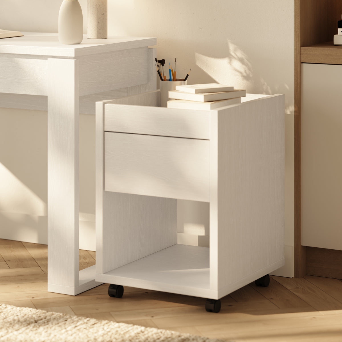 Solen Mobile File Cabinet in White Wood Grain – lifestyle photo 2