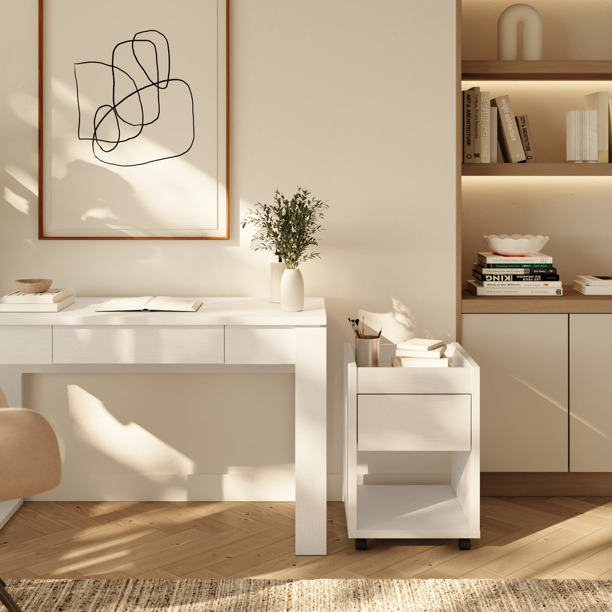 Solen Mobile File Cabinet in White Wood Grain – lifestyle photo